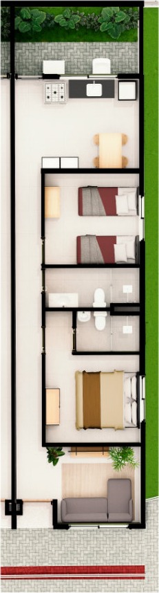 Planta humanizada vertical do Tipo 1: dois quartos, sendo uma suíte, e banheiro social