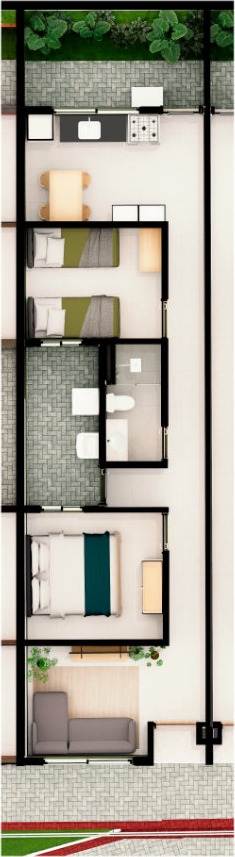 Planta humanizada vertical do Tipo 2: dois quartos, banheiro social e jardim de inverno